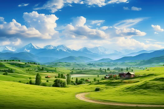 AI generated Beautiful landscape with green meadows and blue sky with clouds. photo