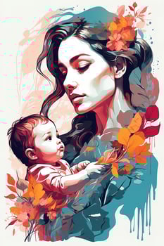 AI generated Beautiful mother with baby in her arms. Colorful vector illustration. photo