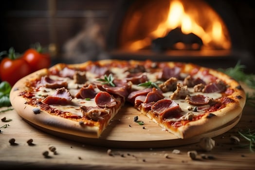 AI generated Meat lover's pizza with a missing slice in a cozy pizza bakery, with the fire of a wood-burning pizza oven in the background. photo