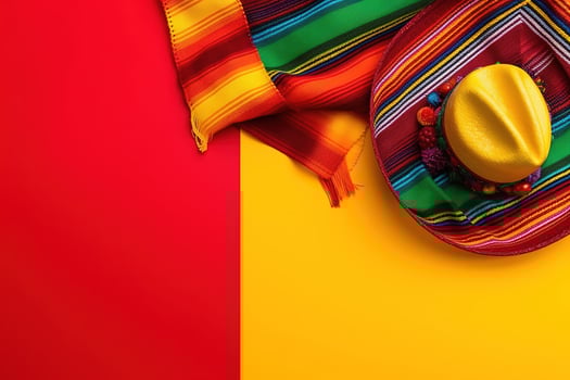 AI generated a colorful mexican hat and a colorful scarf on a red and yellow background photo