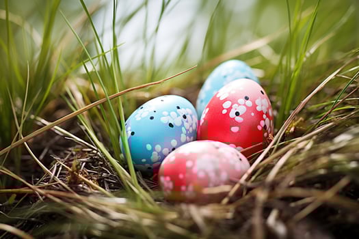 AI generated Colorful easter eggs in grass. Happy easter background. photo