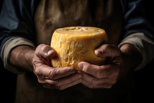 Cheesemaker holding cheese food person. Generate Ai photo