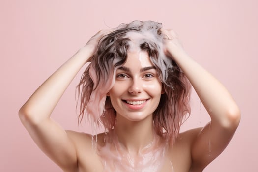 Smiling woman washing her hairdo on pink background. Generate ai photo