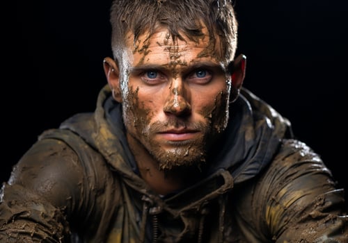 AI generated Man in casual clothes and face covered with mud photo