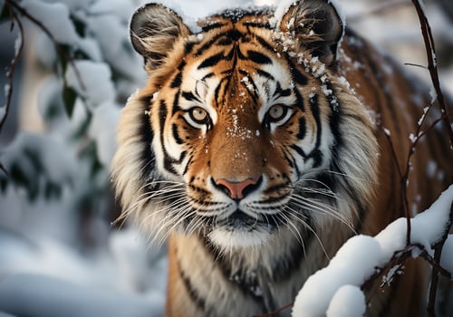 AI generated Huge Siberian tiger in winter landscape with falling snow photo