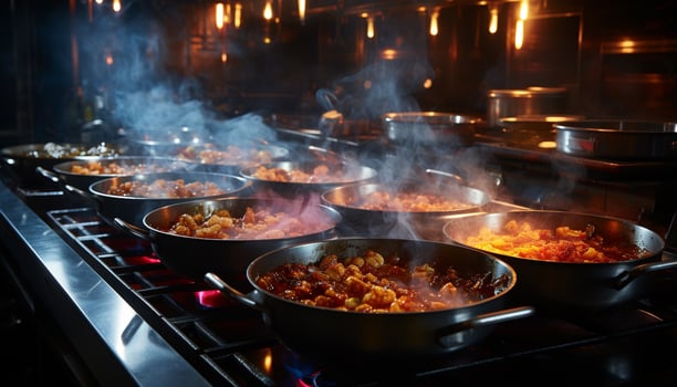 AI generated A gourmet meal on a wooden table, wine and candle generated by AI photo