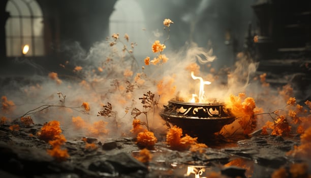 AI generated Burning candle glows, lighting spooky Halloween altar in darkness generated by AI photo