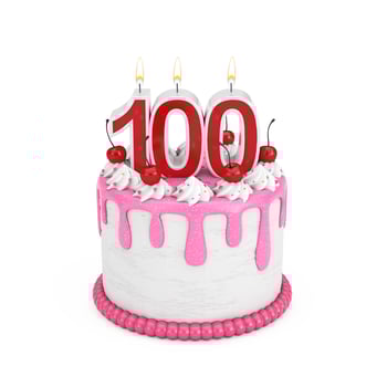 100 Year Birthday Concept. Abstract Birthday Cartoon Dessert Cherry Cake with One Hundred Year Anniversary Candle. 3d Rendering photo