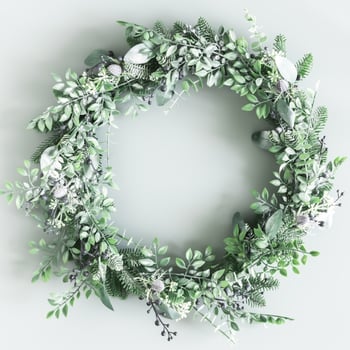Christmas composition. Fir tree branches, red decorations on gray background, Flowers composition. White and purple flowers on marble background, Eucalyptus leaves, winter, top view. Christmas gift. photo