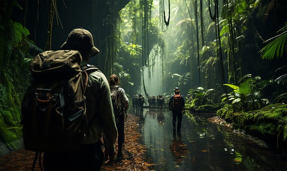 AI generated eco-tourists exploring a lush rainforest photo