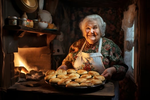 AI generated happy smiling older woman grandmother in kitchen with lot of baked pies on tray near wood stove with fire home baking eating delicious photo