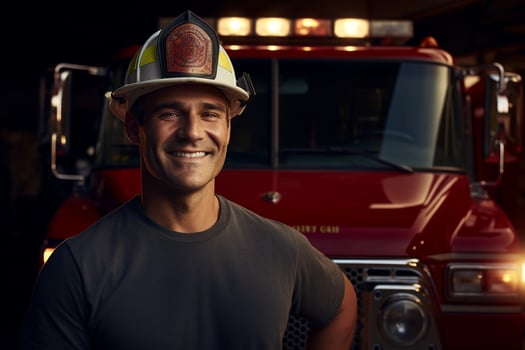AI generated portrait of male firefighter smiling in front of fire truck bokeh style background photo
