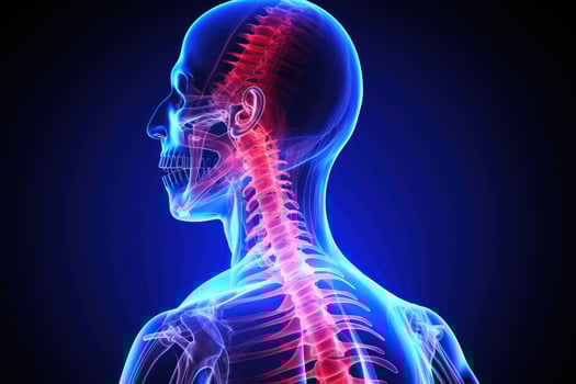 AI generated X-Ray image of human body, x-ray image of skull, 3D illustration of neck pain, cervical spine skeleton x-ray, medical concept, AI Generated photo