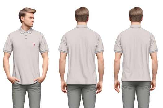 AI generated Blank white polo t-shirt template, front and back view. Mock up for design, A male model wearing a simple gray ash polo shirt on a white background, , with front and back views photo