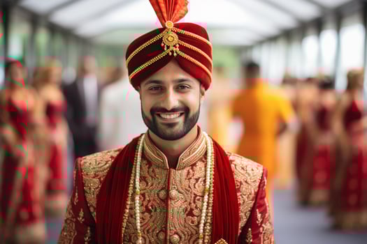 AI generated a indian groom wearing traditional groom outfit smiling at the camera bokeh style background photo