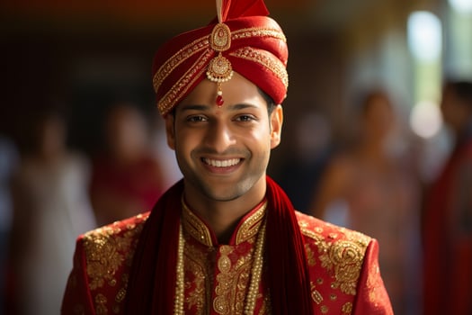 AI generated a indian groom wearing traditional groom outfit smiling at the camera bokeh style background photo