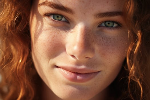 AI generated Close up portrait of beautiful young redhead woman with freckles on face, close  up shot of a woman with a gentle smile, AI Generated photo