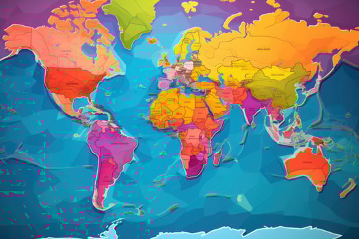 AI generated Map of the world with borders in shades of orange and purple, Colored world map featuring political maps, vibrant world countries, and regions, AI Generated photo