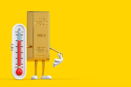 Golden Bar Cartoon Person Character Mascot with Outdoor Thermometer. 3d Rendering photo