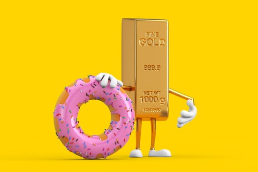 Golden Bar Cartoon Person Character Mascot with Big Strawberry Pink Glazed Donut. 3d Rendering photo