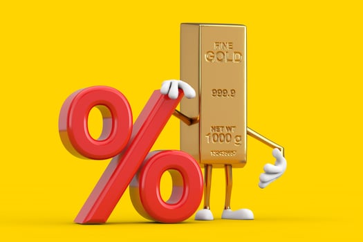 Golden Bar Cartoon Person Character Mascot with Red Retail Percent Sale or Discount Sign. 3d Rendering photo