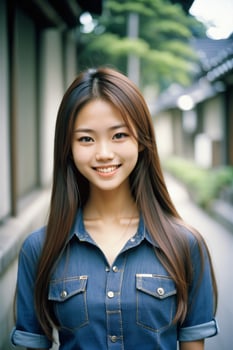AI generated a young asian woman in a denim shirt photo