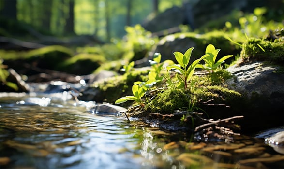 AI generated the gentle light of spring as it illuminates a slowly flowing stream photo