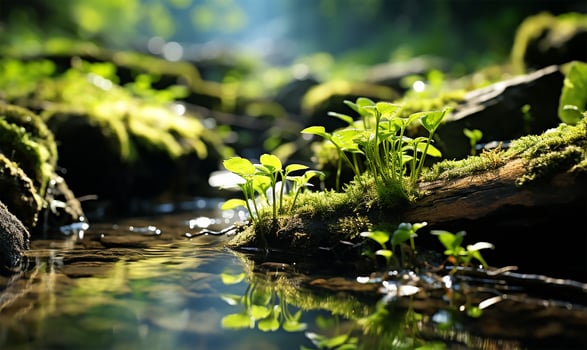 AI generated the gentle light of spring as it illuminates a slowly flowing stream photo
