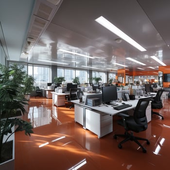 AI generated Interior design Modern Creative office foyer, Corporate open workspace, Coworking office room photo