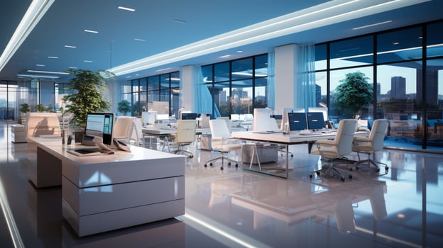 AI generated Interior design Modern Creative office foyer, Corporate open workspace, Coworking office room photo