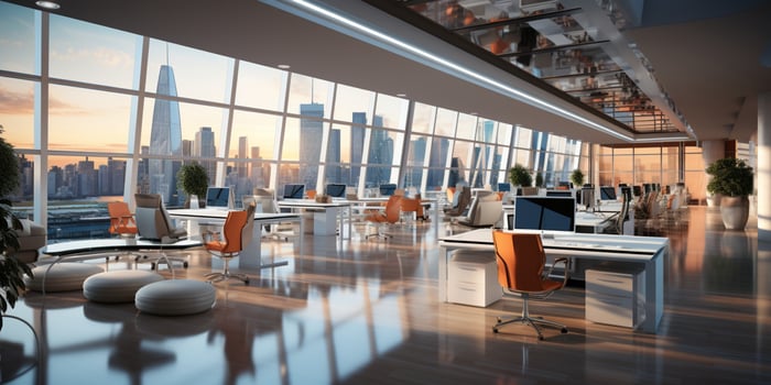 AI generated Interior design Modern Creative office foyer, Corporate open workspace, Coworking office room photo