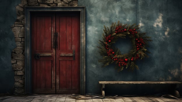 AI generated Generative AI, Front door with Christmas decoration, wreath and garland, muted colors, cottage rustic doorway photo