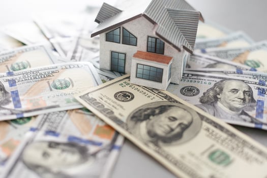 House on the dollars backdrop, 3D rendering photo