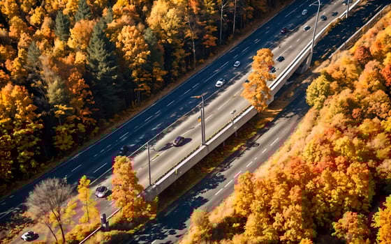 AI generated Autumnal Highway Views Aerial Serenity over Woods and Overpasses ai geneated photo