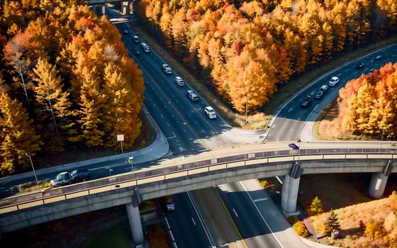 AI generated Autumnal Highway Views Aerial Serenity over Woods and Overpasses ai geneated photo