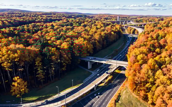 AI generated Autumnal Highway Views Aerial Serenity over Woods and Overpasses ai geneated photo