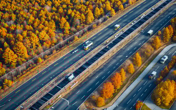 AI generated Autumnal Highway Views Aerial Serenity over Woods and Overpasses ai geneated photo