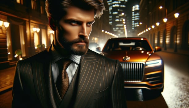 AI generated Sharp Dressed Man with Luxury Car Amidst City Lights photo