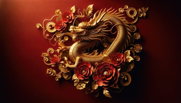 AI generated Golden Dragon Amidst Floral Elegance on Red Backdrop photo