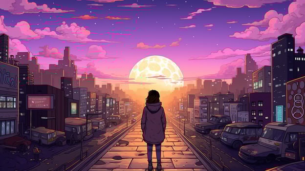 AI generated A girl looking out into the clouds. Anime style AI Generative photo