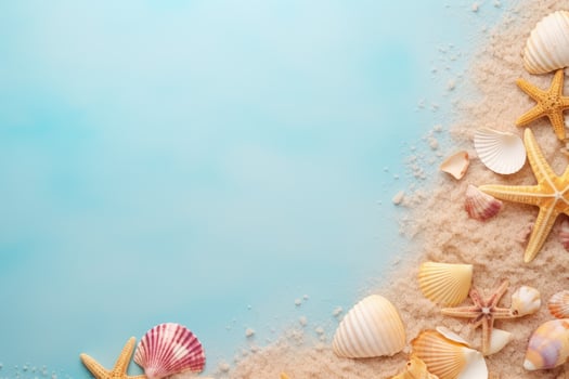 AI generated Seashells and starfish on blue background with copy space photo