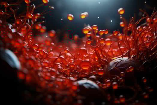 AI generated Carmine blood entities within the human structure. Numerous blood cells. Drifting unattached. Inside the human system. Biological research, microbial study, internal composition. photo