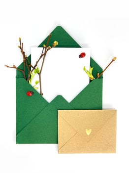 Two envelopes with space for text. Spring invitation. Envelope with twigs and leaves. Craft paper photo