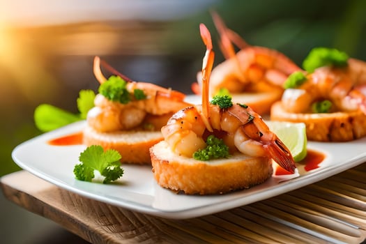AI generated a plate of shrimp on a wooden table. AI-Generated photo