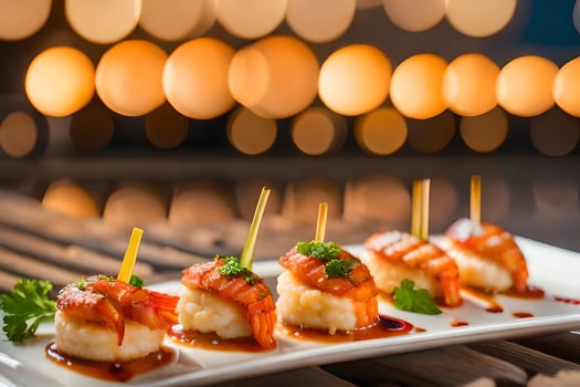 AI generated small shrimp appetizers on a white plate. AI-Generated photo