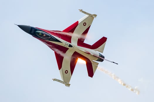 Radom, Poland, 2023 - Royal Danish Air Force Lockheed F-16 Fighting Falcon fighter jet plane flying. Aviation and military aircraft. photo