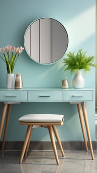 AI generated Mirror and table makeup blue room aesthetic modern interior photo