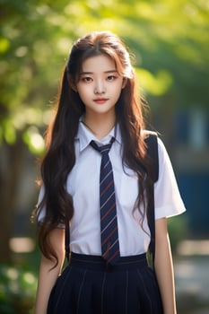 AI generated a young chinese high school student girl with wavy hair in a school uniform posing for a photo