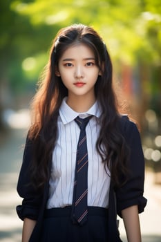 AI generated a young chinese high school student girl with wavy hair in a school uniform posing for a photo