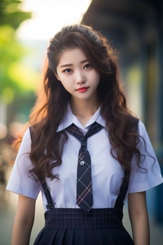 AI generated a young chinese high school student girl with wavy hair in a school uniform posing for a photo